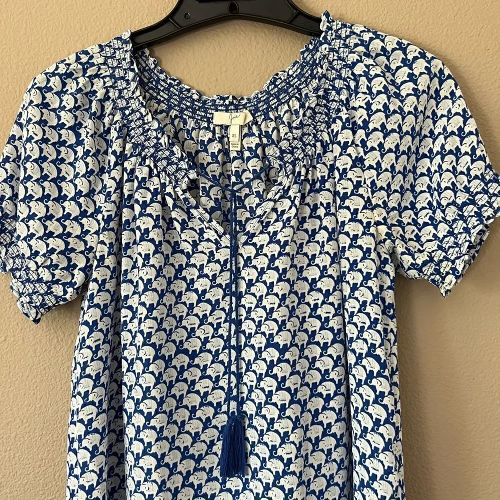 Joie Masha 100% Silk Elephant Print Tassel Blouse